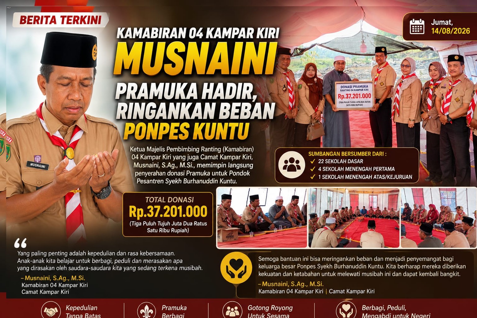 Kamabiran 04 Kampar Kiri Musnaini: Pramuka Hadir untuk Meringankan Beban Ponpes Syekh Burhanuddin Kuntu