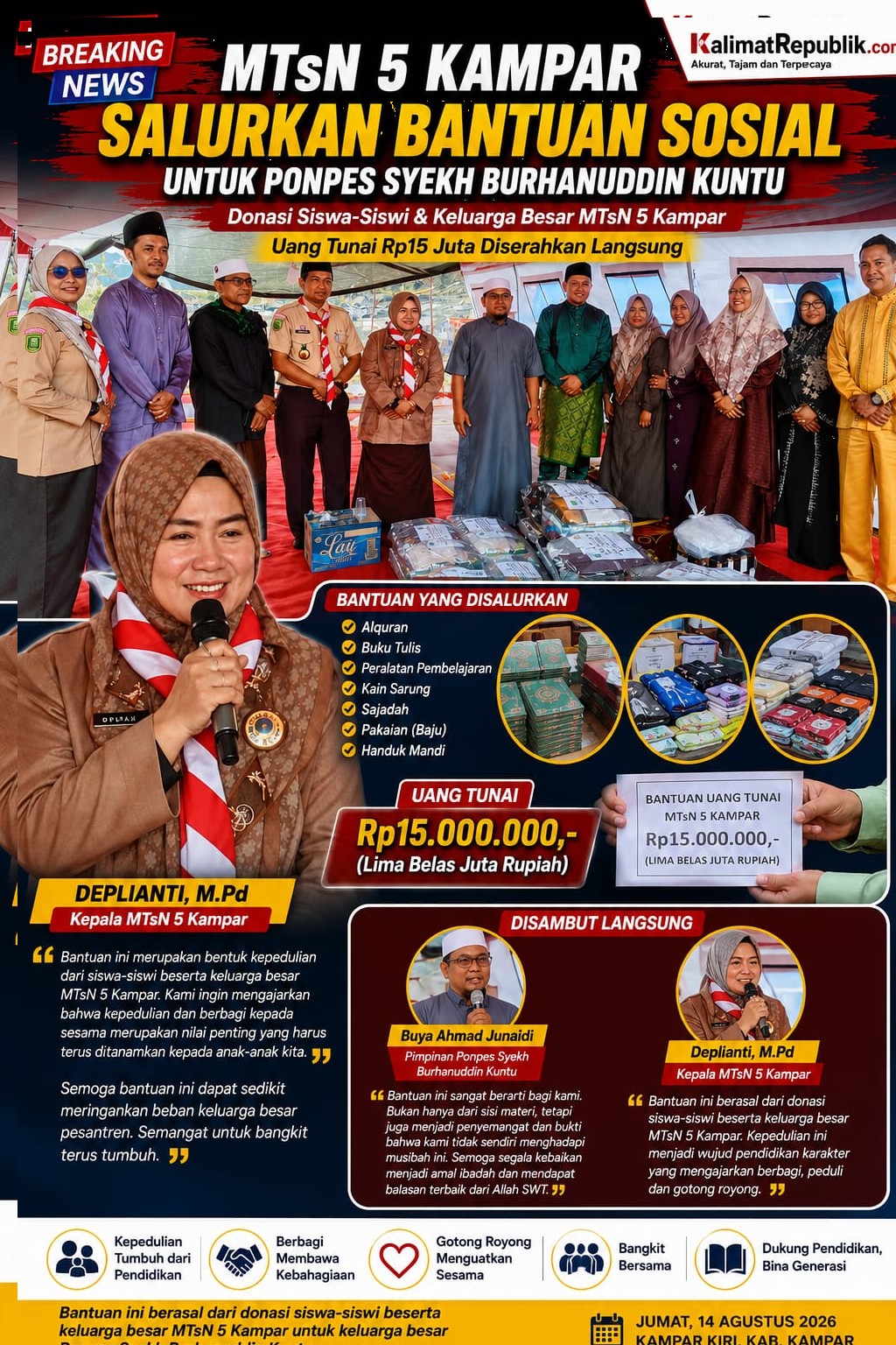 MTsN 5 Kampar Salurkan Bantuan untuk Ponpes Syekh Burhanuddin Kuntu, Donasi Siswa dan Keluarga Besar Capai Rp15 Juta