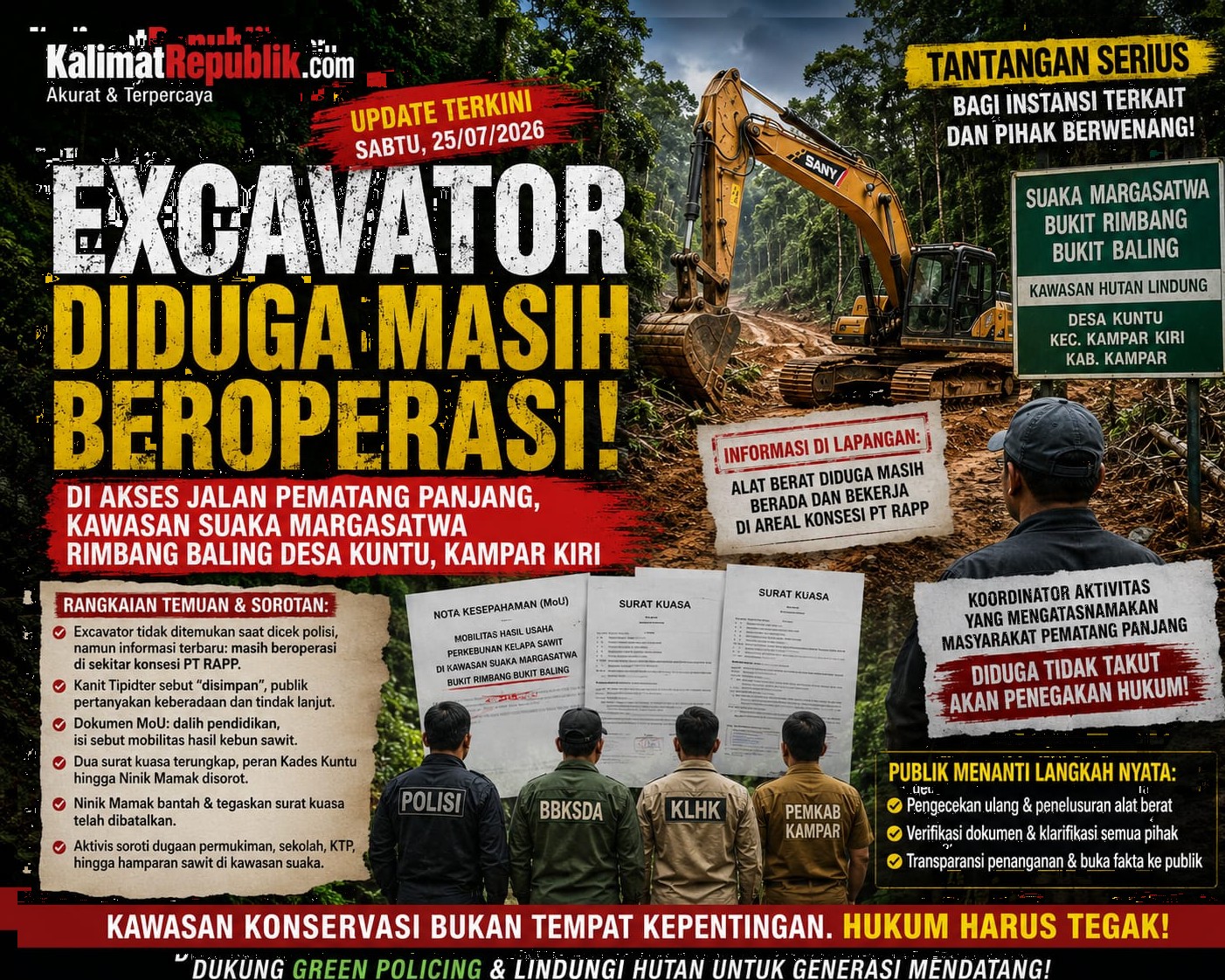 Hingga Sabtu Siang, Dugaan Excavator Masih Beroperasi di Akses Pematang Panjang, Tantangan Penegakan Hukum di Kawasan Suaka Margasatwa Bukit Rimbang Bukit Baling