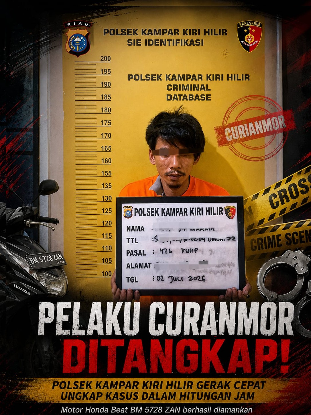 Pelaku Curanmor Dibekuk Kurang dari Tiga Jam, Polsek Kampar Kiri Hilir Amankan Honda Beat Curian