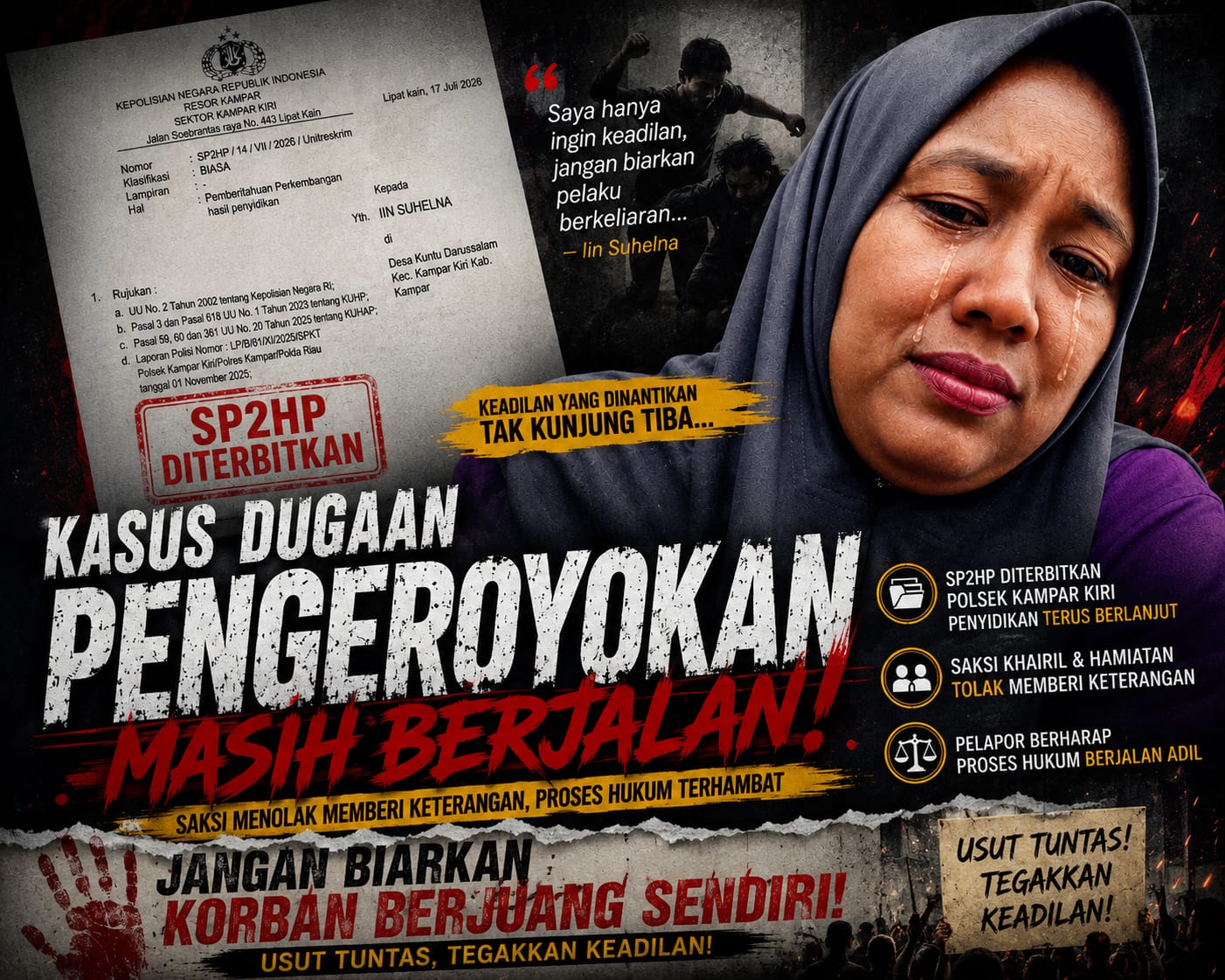 Penyidikan Kasus Dugaan Pengeroyokan Iin Suhelna Segera Gelar Perkara, Polsek Kampar Kiri Terbitkan SP2HP !!!
