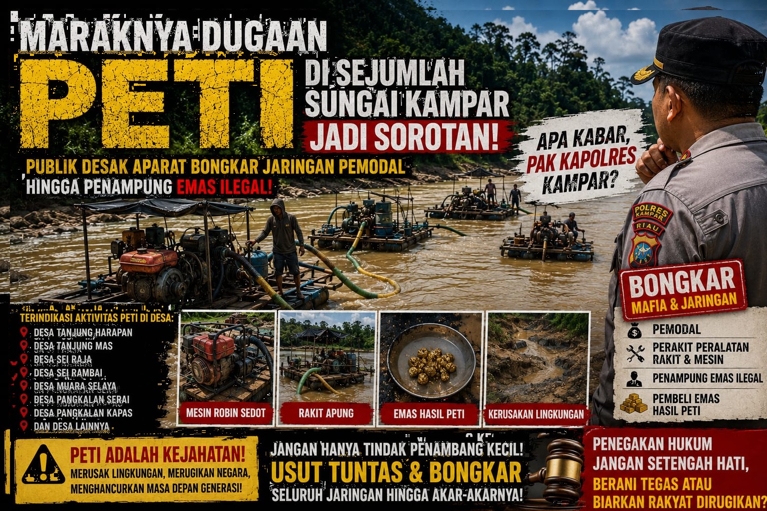 Maraknya Dugaan PETI di Sejumlah Sungai Kampar Kiri dan Kampar Kiri Hulu Kembali Disorot, Publik Desak Aparat Bongkar Jaringan Pemodal hingga Penampung Emas Ilegal !!!
