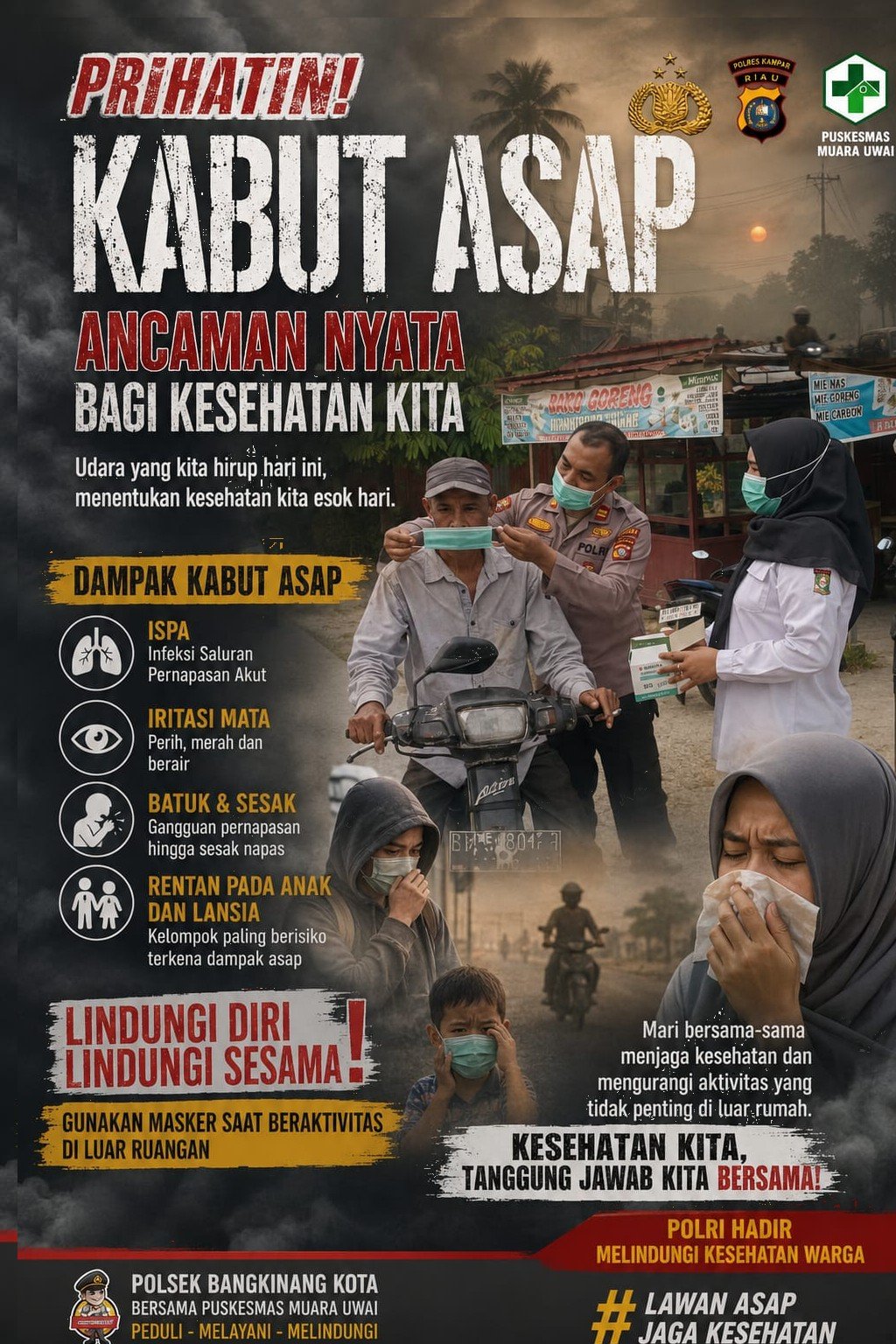 Cegah Dampak Kabut Asap, Polsek Bangkinang Kota dan Puskesmas Muara Uwai Bagikan Masker Gratis