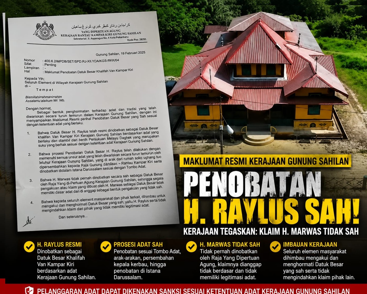 Maklumat Resmi Kerajaan Gunung Sahilan Tegaskan Penobatan Datuk Besar Khalifah Van Kampar Kiri Sah, Klaim Pihak Lain Tidak Diakui