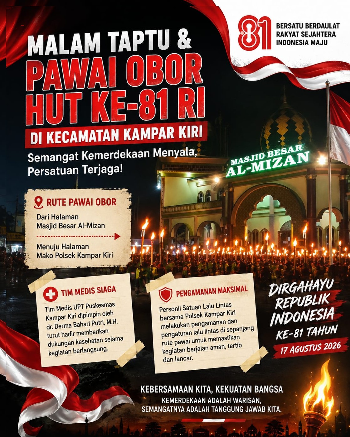 Malam Taptu dan Pawai Obor HUT RI ke-81 Semarak di Kampar Kiri, Camat Musnaini: Semangat Kemerdekaan Harus Terus Menyala