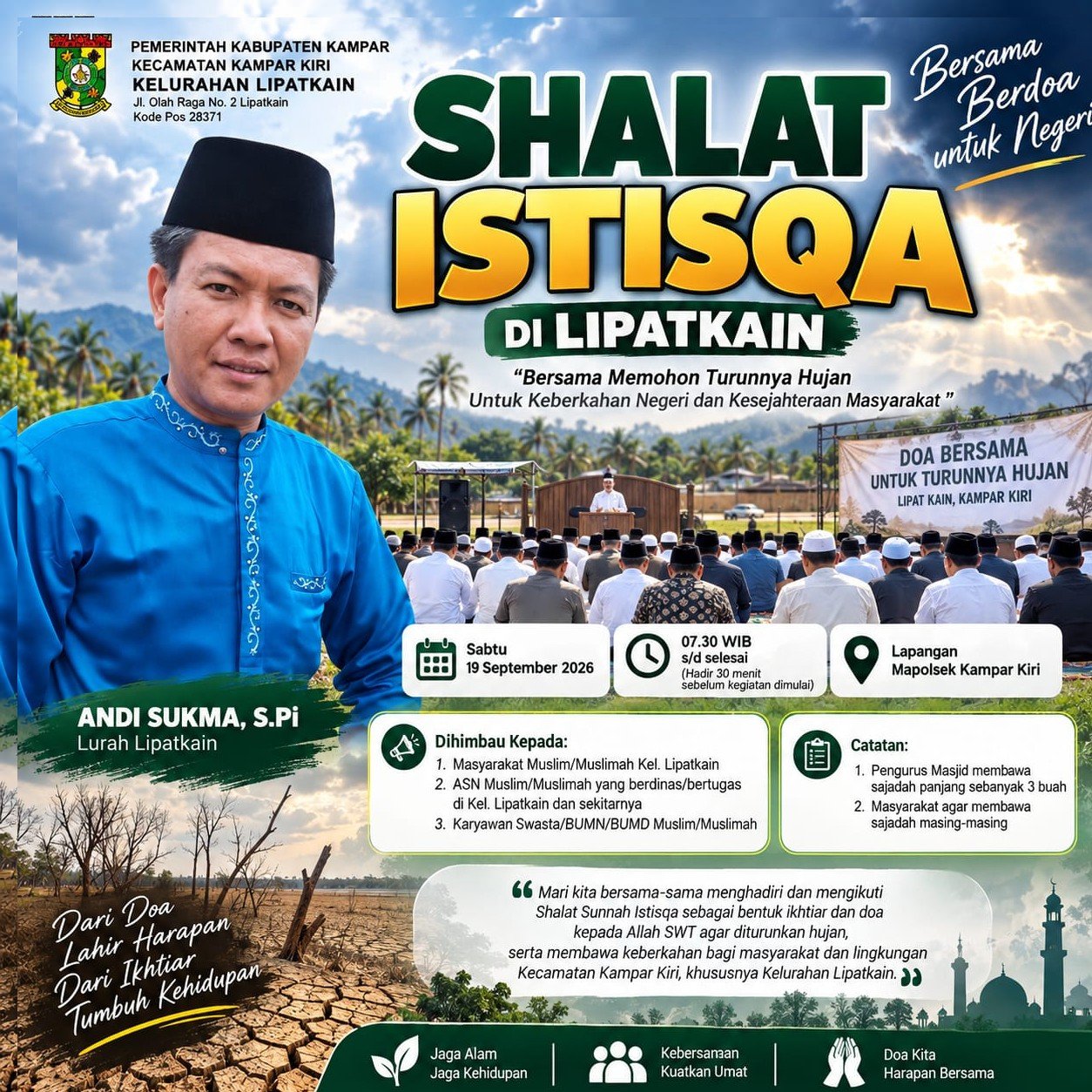 Lurah Lipatkain Imbau Warga Ikuti Shalat Istisqa, Ajak Bersama Memohon Turunnya Hujan
