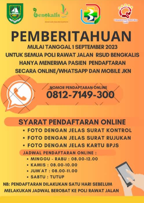 Pemberitahuan, Mulai 1 September Semua Poli Rawat Jalan RSUD Bengkalis, Hanya Terima Pasien Pendaftaran Lewat Online