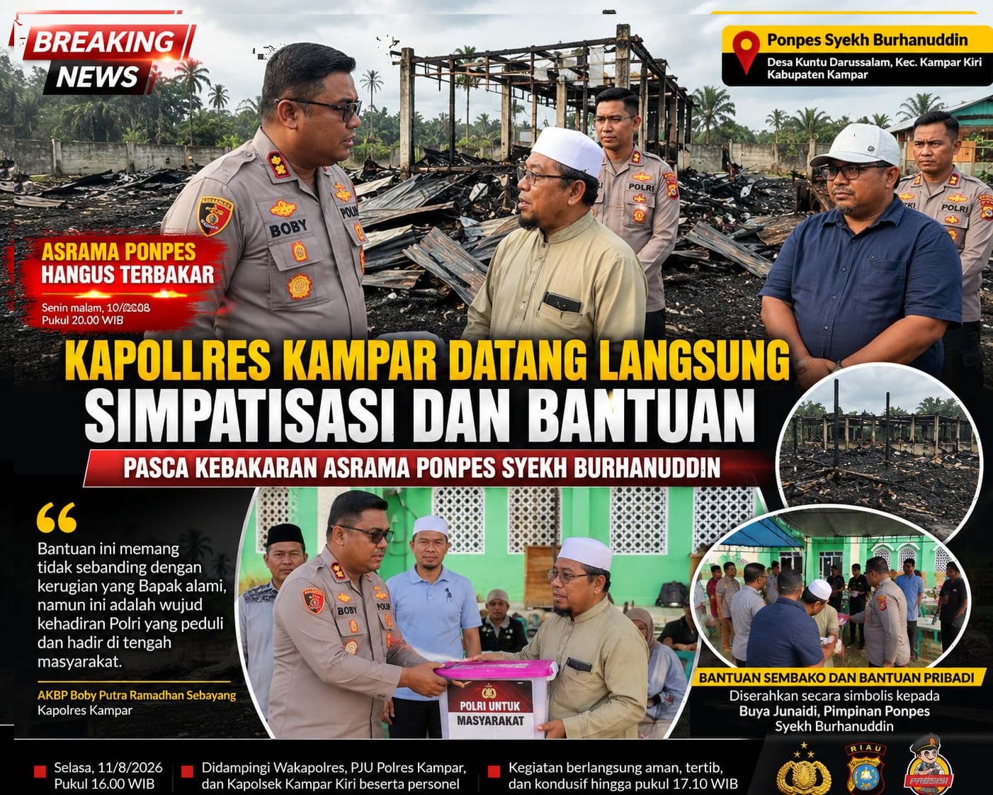 Pasca Kebakaran Asrama Ponpes Syekh Burhanuddin, Kapolres Kampar Datang Langsung Sampaikan Simpati dan Bantuan