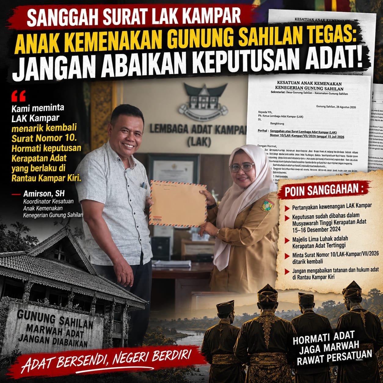 SANGGAH SURAT LAK KAMPAR, ANAK KEMENAKAN GUNUNG SAHILAN TEGAS: JANGAN ABAIKAN KEPUTUSAN ADAT!