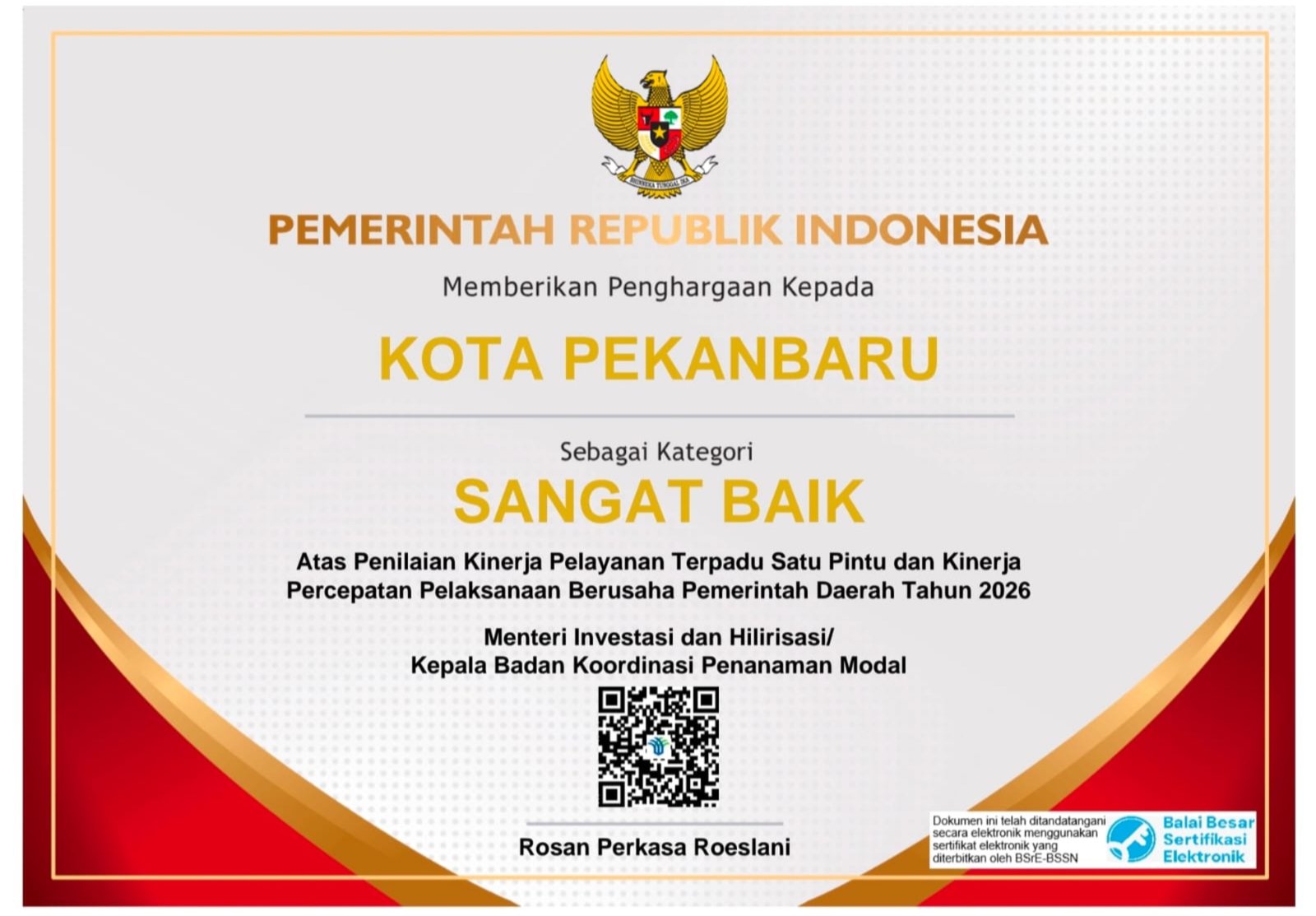 Pemko Pekanbaru Kembali Raih Penghargaan Nasional, Kali Ini Sabet Predikat Sangat Baik untuk Iklim Investasi