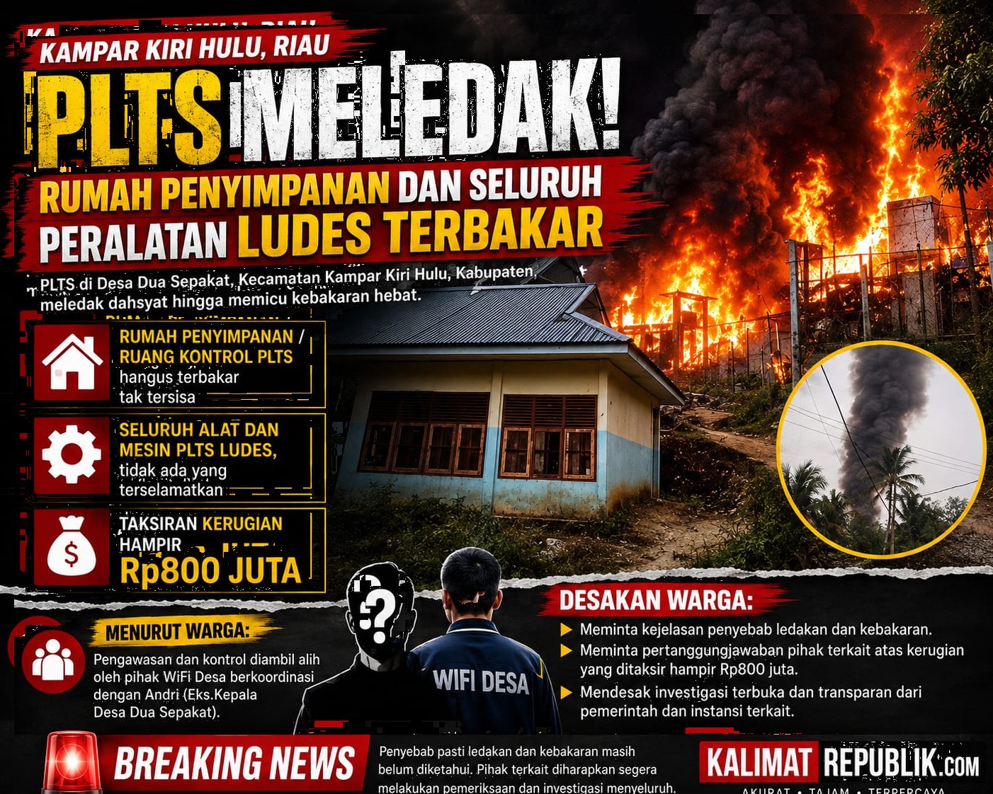 PLTS Desa Dua Sepakat Meledak Dahsyat, Ruang Kontrol Terbakar, Kerugian Ditaksir Hampir Rp800 Juta