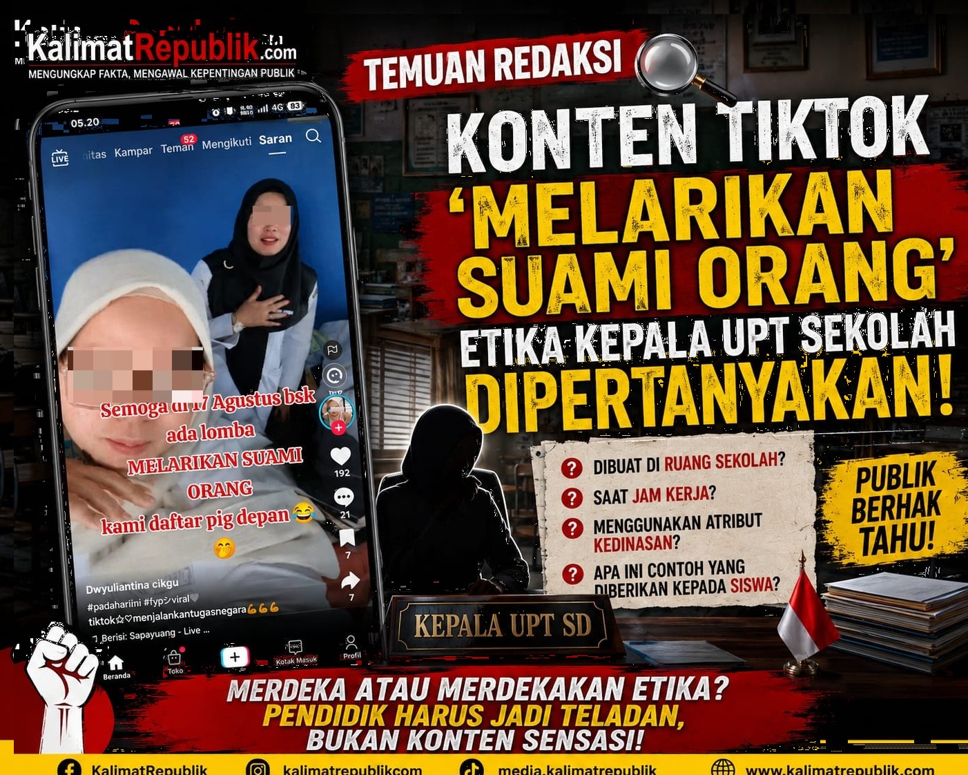 Beranda TikTok KalimatRepublik: Unggahan Bernuansa Melarikan Suami Orang Soroti Etika Oknum Kepala UPT Sekolah di Kampar Kiri