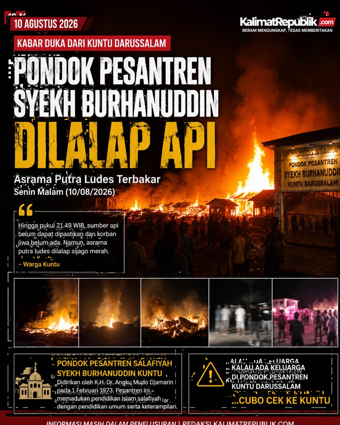 Pondok Pesantren Syekh Burhanuddin Kuntu Dilalap Api, Asrama Putra Ludes Terbakar!