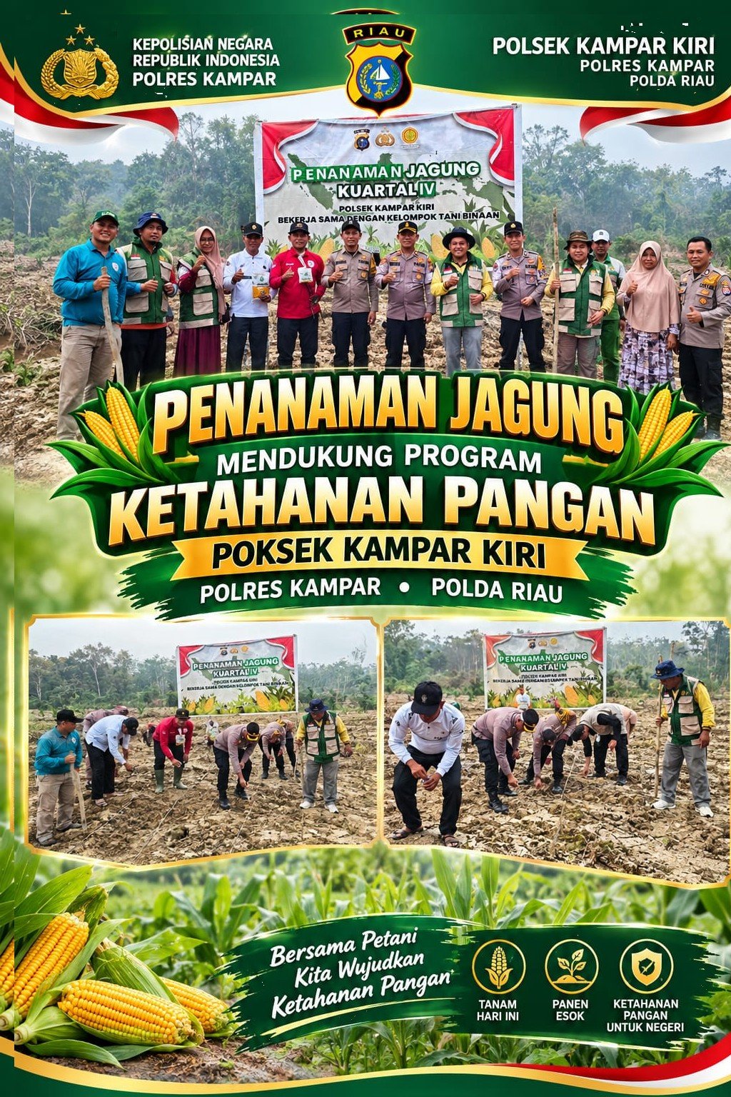 Dukung Swasembada Pangan 2026, Kapolsek Kampar Kiri Bersama Kelompok Tani Toeroba Berkah Tanam Jagung di Desa Kuntu