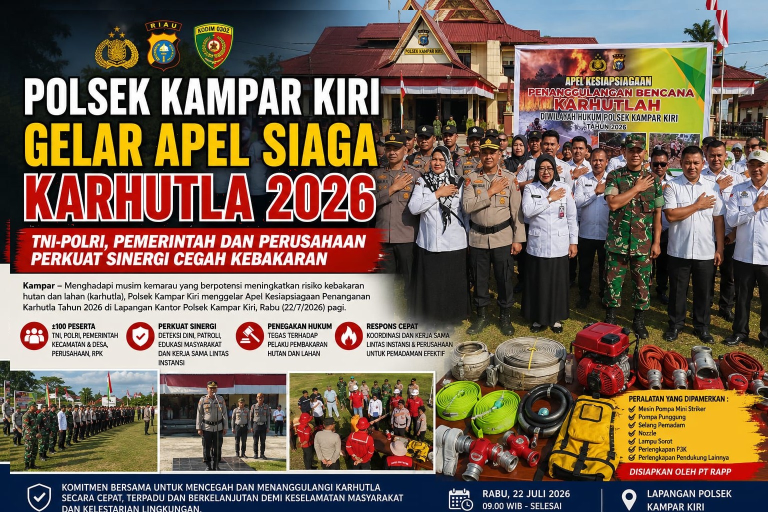 Polsek Kampar Kiri Gelar Apel Siaga Karhutla 2026, Perkuat Sinergi TNI-Polri, Pemerintah dan Perusahaan Cegah Kebakaran