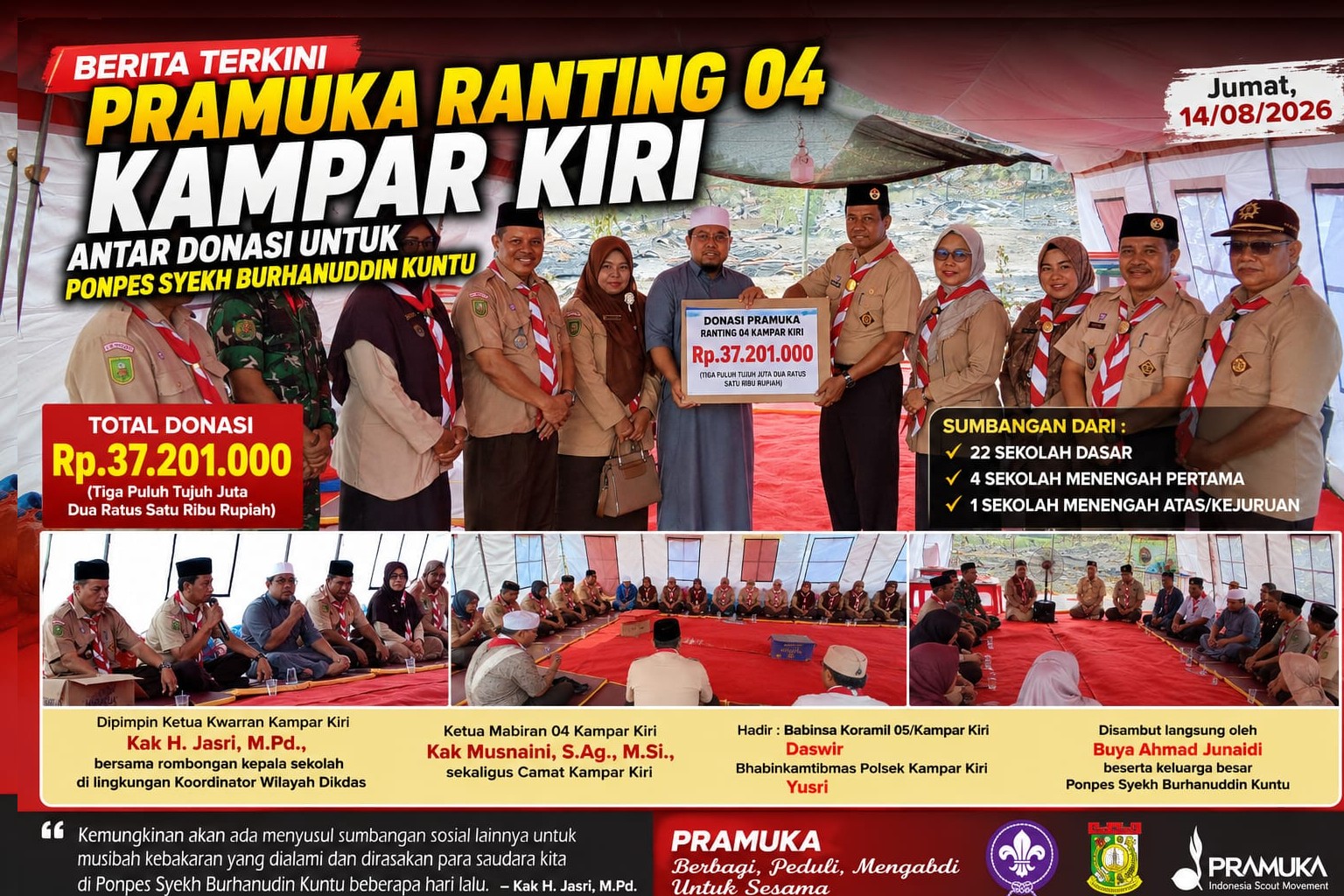 Pramuka Kwarran 04 Kampar Kiri Serahkan Donasi Rp37,201 Juta untuk Ponpes Syekh Burhanuddin Kuntu