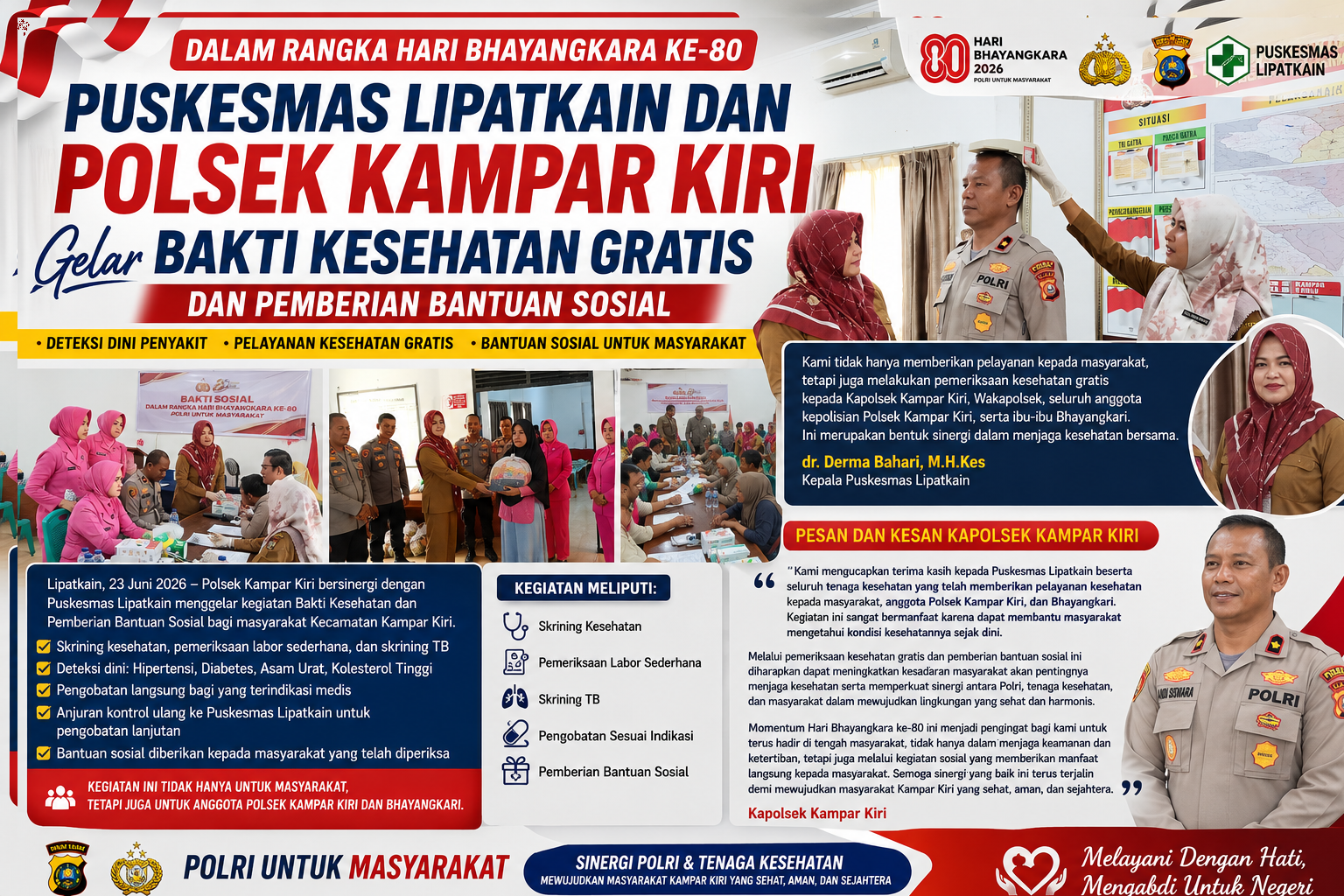 Hari Bhayangkara ke-80, Polsek Kampar Kiri dan Puskesmas Lipatkain Berikan Layanan Kesehatan Gratis dan Bantuan Sosial