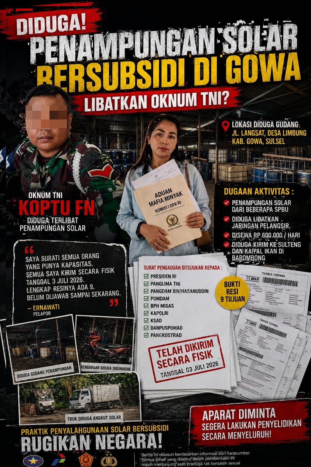 Warga Makassar Surati Presiden hingga Panglima TNI, Laporkan Dugaan Penimbunan Solar Bersubsidi di Gowa yang Diduga Libatkan Oknum TNI