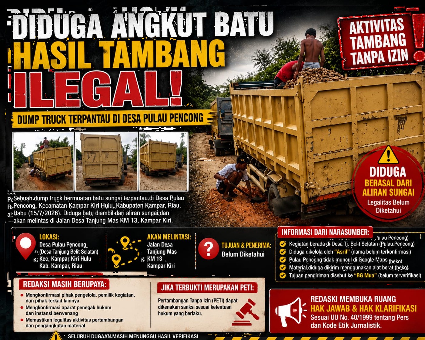 Diduga Angkut Batu Hasil Tambang Ilegal, Dump Truck Bermuatan Batu Sungai Terpantau di Desa Pulau Pencong