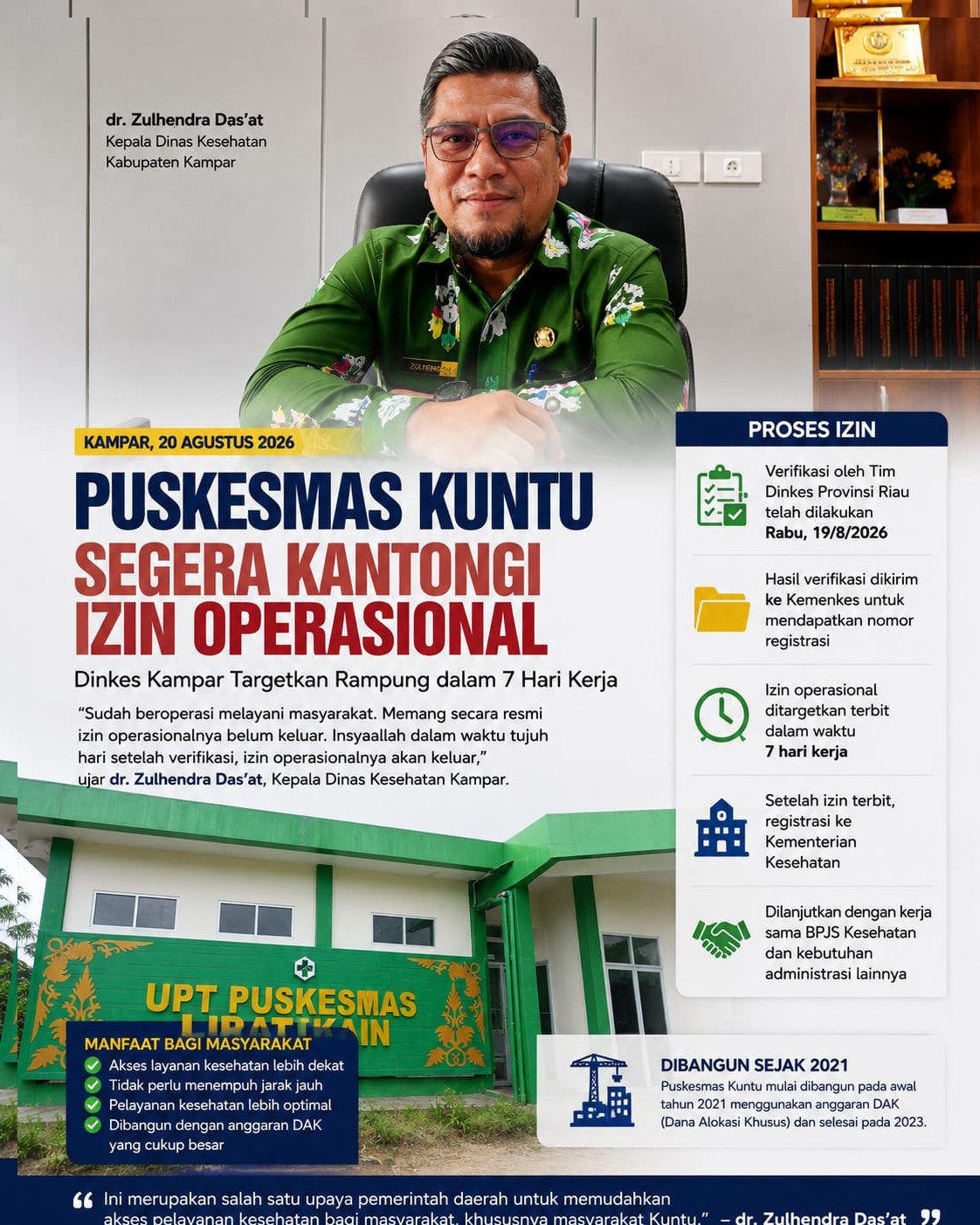 Puskesmas Kuntu Segera Kantongi Izin Operasional, Dinkes Kampar Targetkan Rampung 7 Hari Kerja