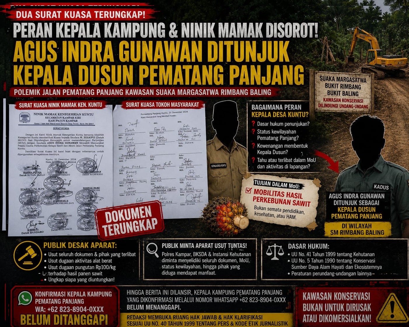 Dua Surat Kuasa Terungkap, Peran Kepala Desa Kuntu hingga Ninik Mamak Disorot dalam Polemik Jalan Pematang Panjang Kawasan Suaka Margasatwa Rimbang Baling