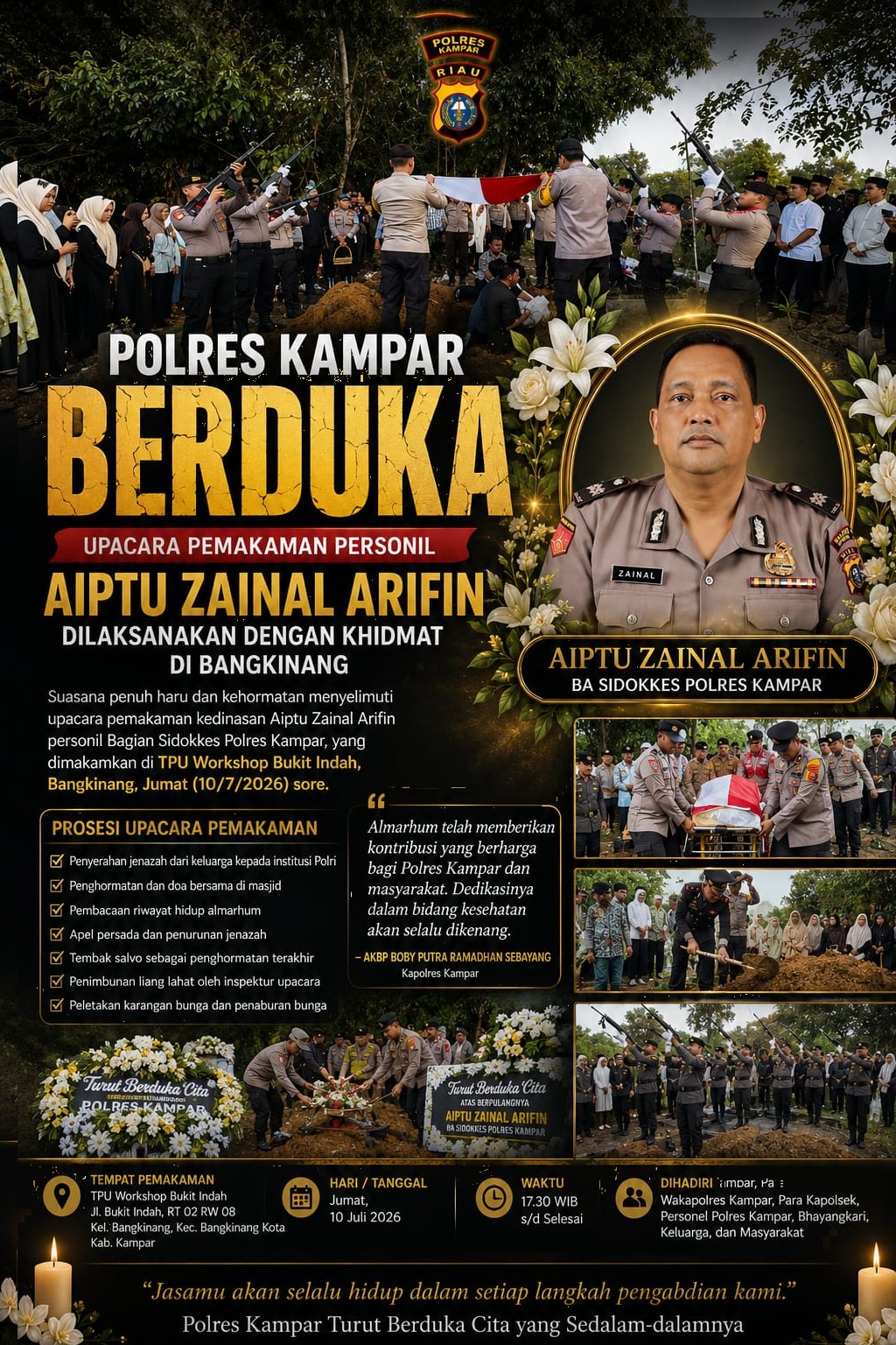 Polres Kampar Berduka, Aiptu Zainal Arifin Dimakamkan Secara Kedinasan dengan Upacara Kehormatan