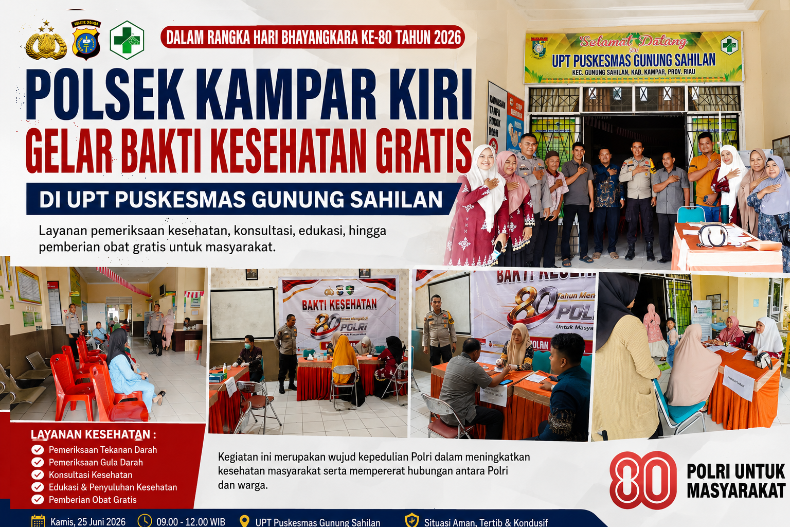 Bhabinkamtibmas Polsek Kampar Kiri Gelar Bakti Kesehatan Gratis dalam Rangka Hari Bhayangkara ke-80