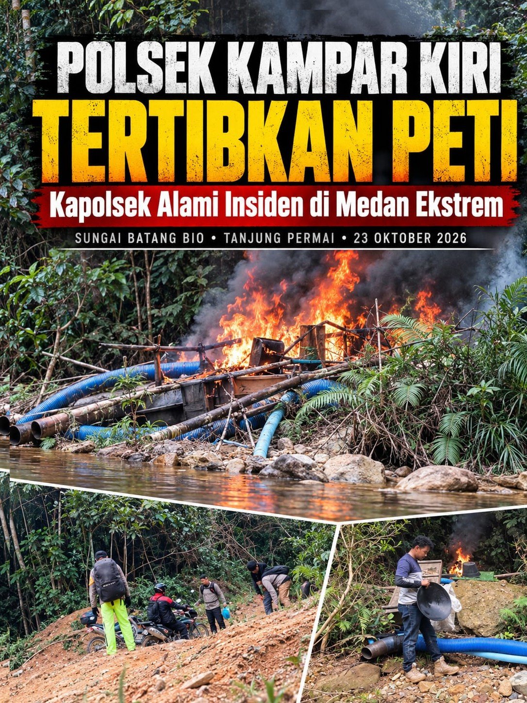 Polsek Kampar Kiri Tertibkan PETI di Sungai Batang Bio, Kapolsek Alami Insiden di Medan Ekstrem