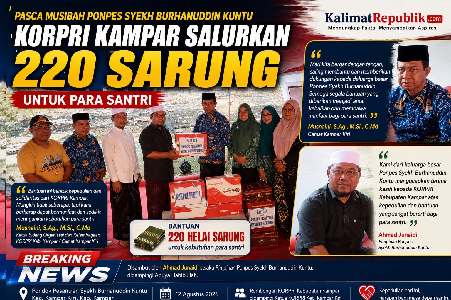 Pasca Musibah, KORPRI Kampar Salurkan 220 Sarung untuk Santri Ponpes Syekh Burhanuddin Kuntu