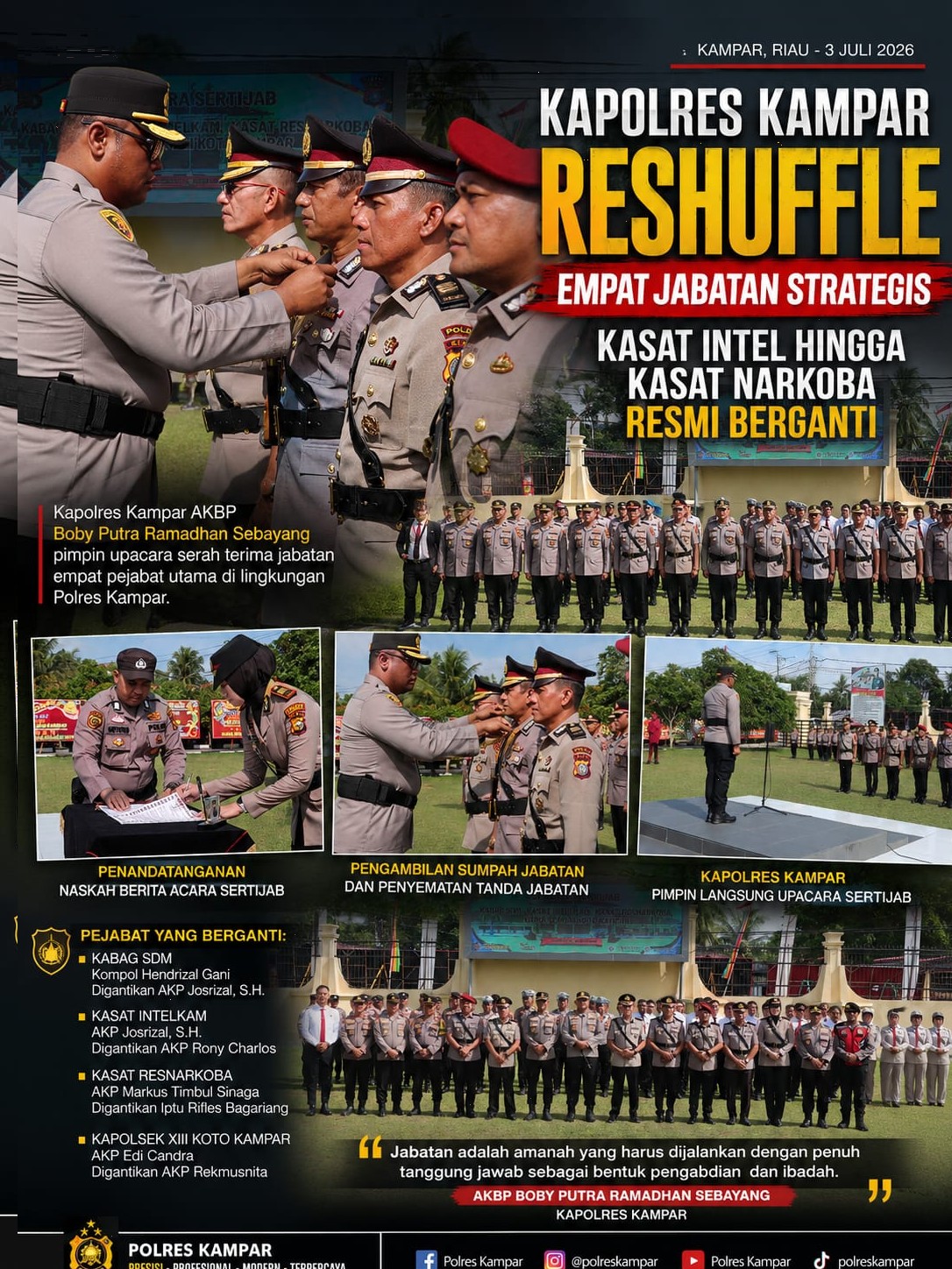 Kapolres Kampar Reshuffle Empat Jabatan Strategis, Kasat Intel hingga Kasat Narkoba Resmi Berganti