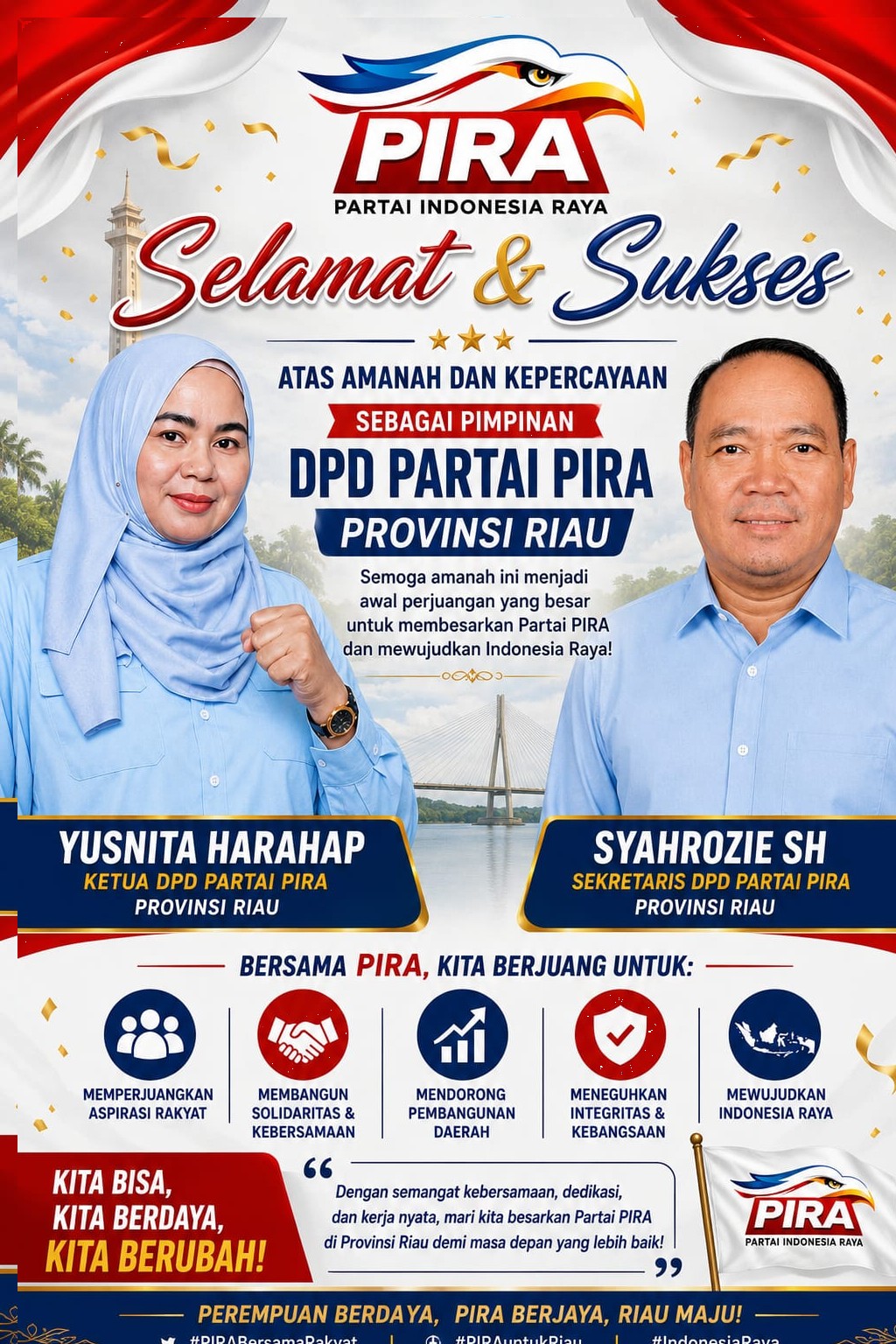 Yusnita Harahap dan Syahrozie SH Resmi Pimpin DPD Partai PIRA Riau