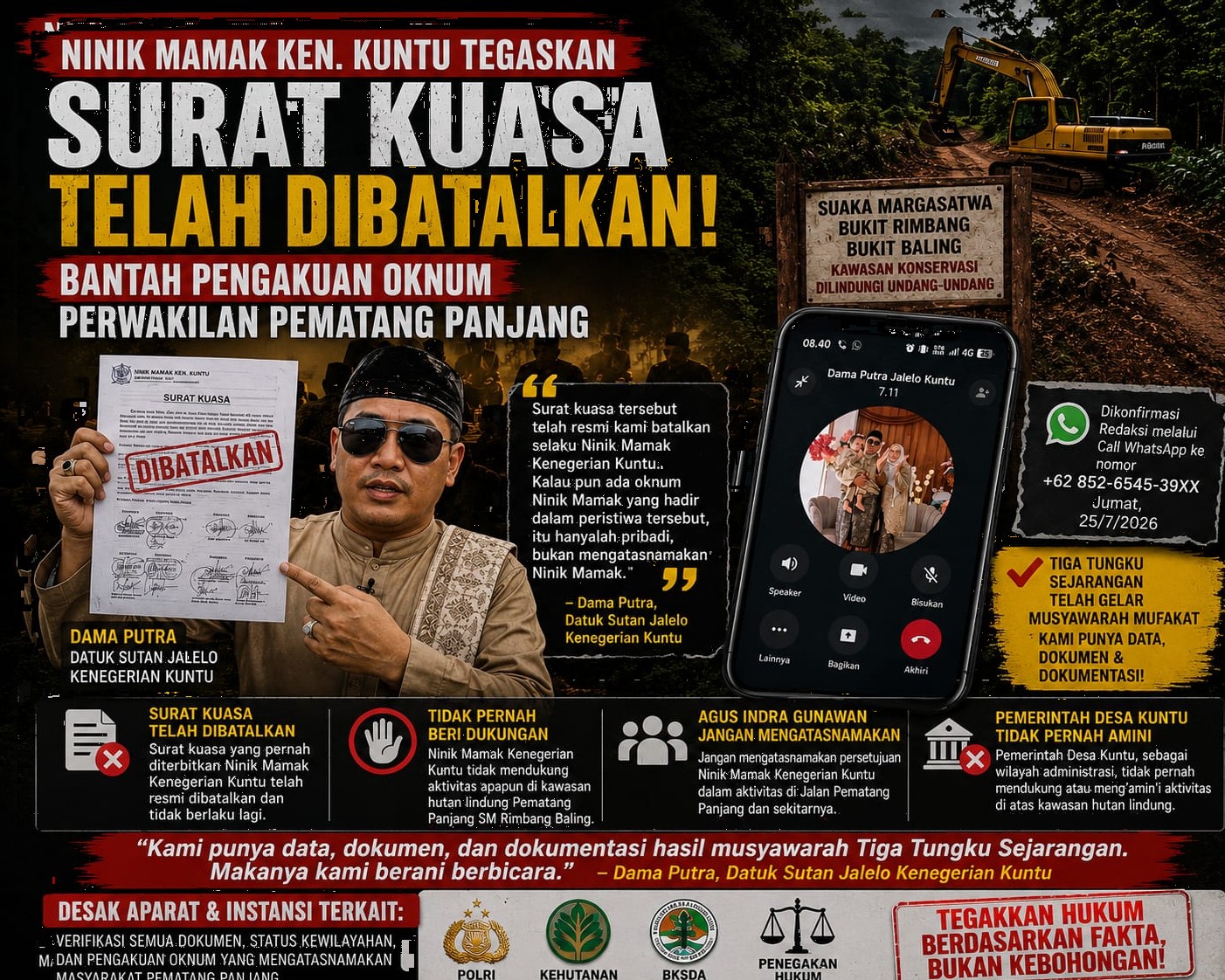 Ninik Mamak Kenegerian Kuntu Bantah Pengakuan Oknum Perwakilan Pematang Panjang, Tegaskan Surat Kuasa Telah Dibatalkan