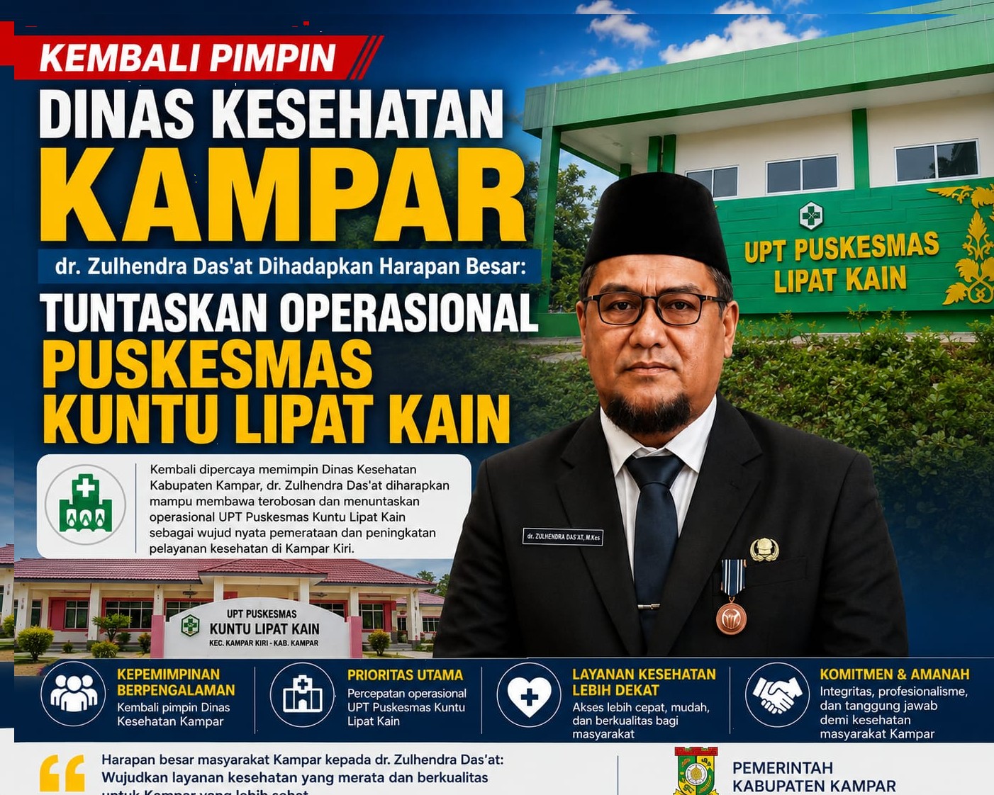Kembali Pimpin Dinas Kesehatan Kampar, dr. Zulhendra Das'at Dihadapkan Harapan Besar: Tuntaskan Operasional UPT Puskesmas Kuntu Lipat Kain